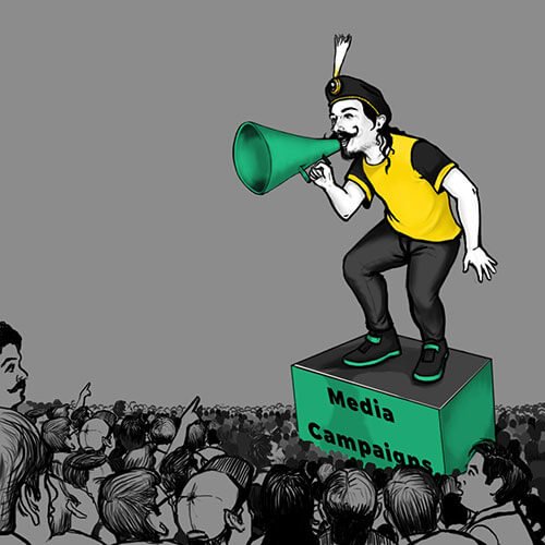 a cartoon of a man with a megaphone on top of a podium