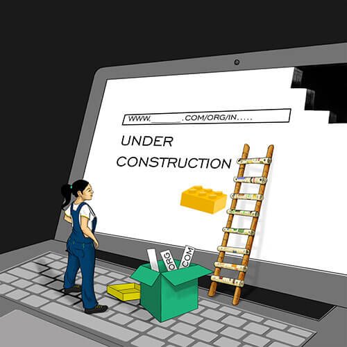 a woman standing in front of a laptop